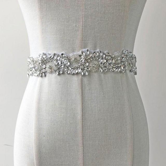 wedding photo - Clear Rhinestone Belt Applique Crystal Beads Trims Iron on Appliques Wedding dress Satin Belt DIY Sparkling Bridal Accessories