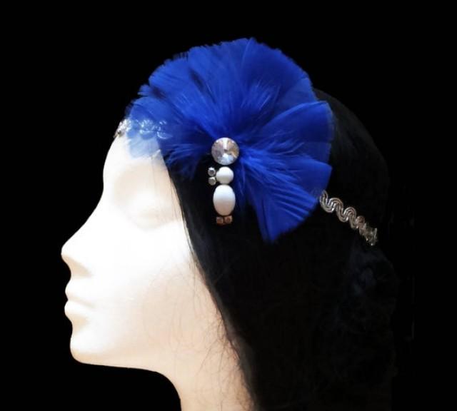 wedding photo - 1920s Gatsby headband. Great gatsby headband. 1920s flapper headband. Blue feather headpiece. Bridal headpiece. Bridesmaid headpiece.