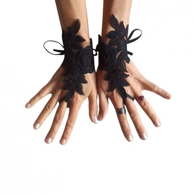 wedding photo - goth gothic lace black Wedding gloves, Party gloves, bridal gloves fingerless gloves french lace vampire
