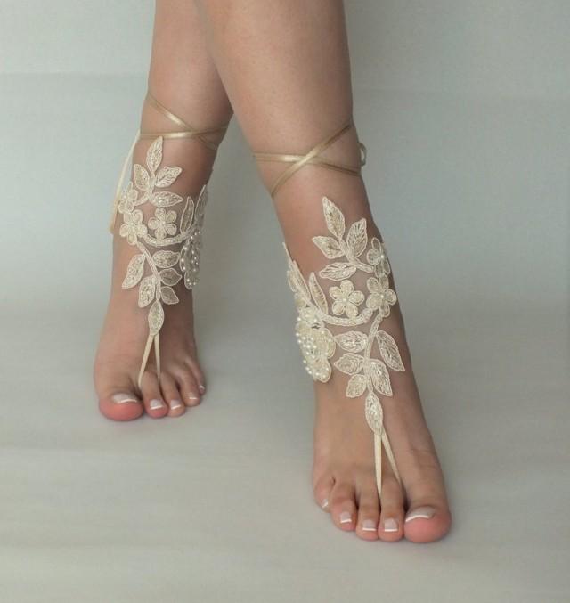wedding photo - EXPRESS SHIPPING Champagne lace barefoot sandals wedding shoes beach shoes lace sandals Beach wedding barefoot sandals beach Wedding sandal