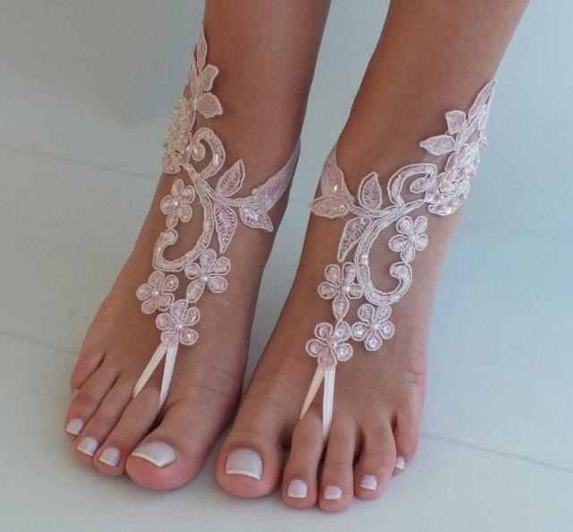 wedding photo - Blush Pink Lace Sandal Beach Wedding Barefoot Sandals Bridesmaids Gift Bridal Jewelry Wedding Shoes Bangle Bridal Accessories Anklet