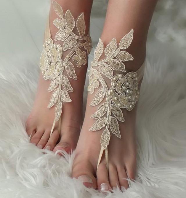 wedding photo - 12 COLOR Champagne lace barefoot sandals wedding barefoot Flexible wrist lace sandals Beach wedding barefoot sandals beach Wedding shoes