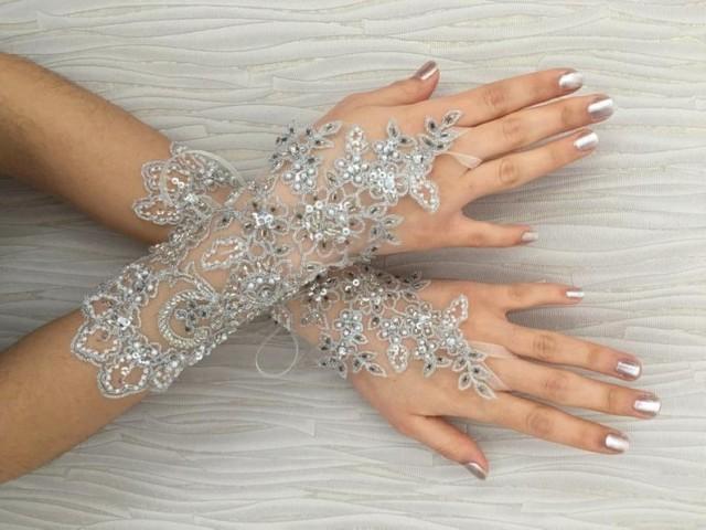 wedding photo - OOAK Silver bead embroidered Wedding Gloves, Bridal Gloves, lace gloves, bride glove bridal gloves lace gloves fingerless gloves