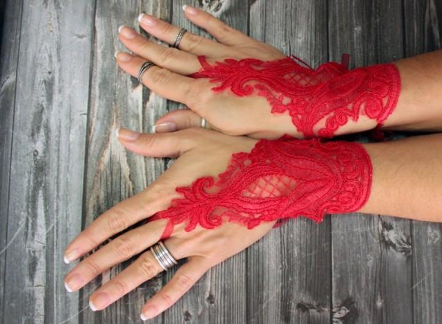wedding photo - Red lace fingerless gloves, Fleur de lis handpainted gloves, personalized gift, christmas party opera lace lolita sexy gloves, Cosplay
