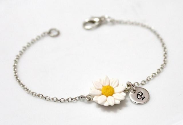wedding photo - Daisies Bracelet, Personalized Silver Disc, Couple's Initials, Monogram Charms , Mother Jewelry, Silver Personalized, Sterling Silver