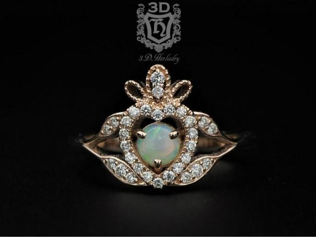 wedding photo - Opal engagement ring-Claddagh opal ring-Australian opal ring-Floral opal ring-Diamond opal ring-14k 18k rose gold-white gold-yellow gold