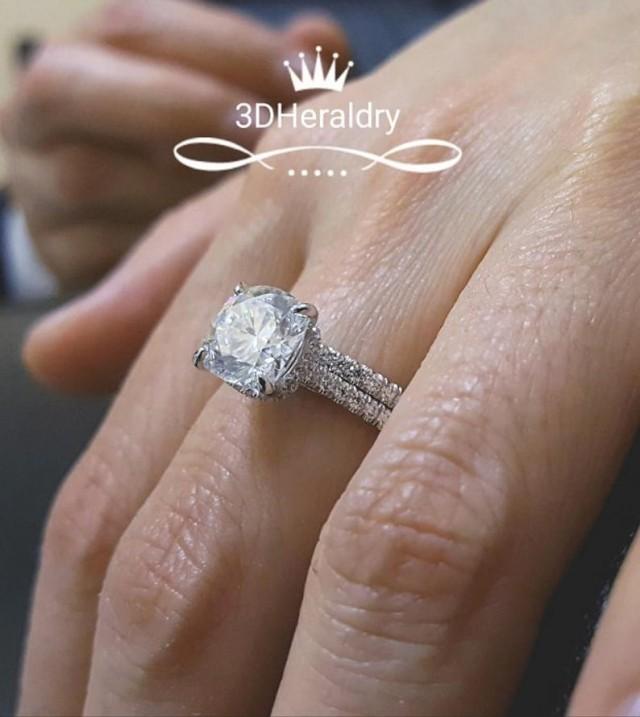 wedding photo - Moissanite ring 3ct cushion diamond equivalent Forever one Moissanite engagement ring under halo hidden halo of natural diamonds 14k gold