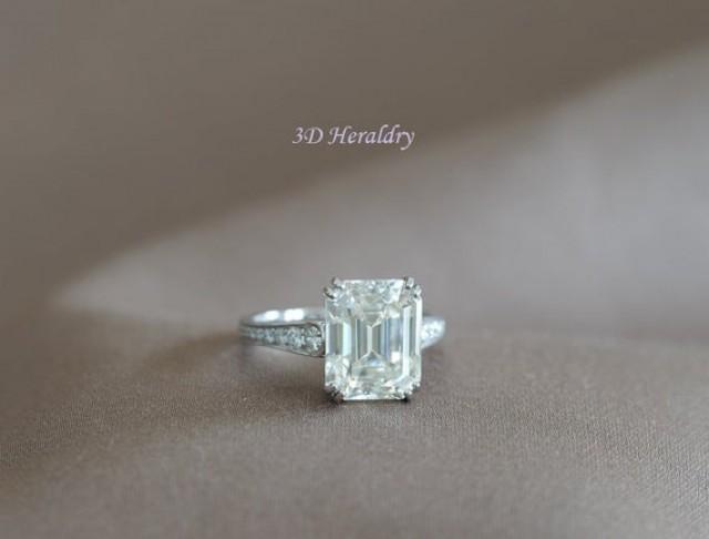 wedding photo - Moissanite ring, 4.9ct emerald cut NEO Moissanite engagement ring with natural diamonds in solid 14k or 18k gold
