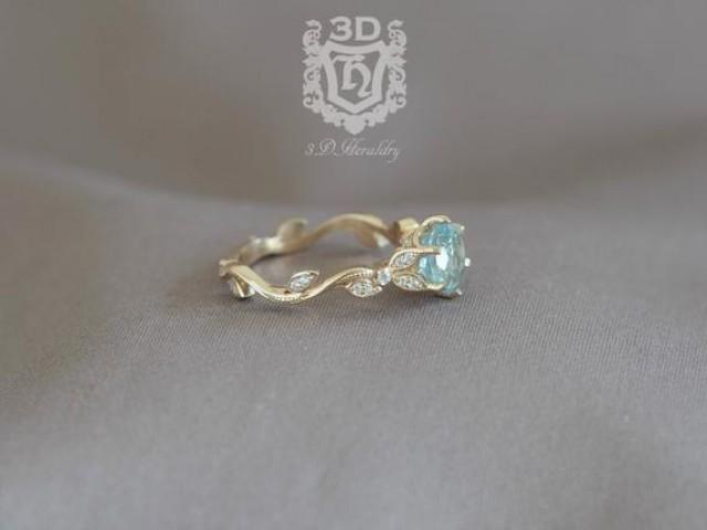 wedding photo - Leaf engagement ring, Aquamarine engagement ring, Floral engagement ring, anniversary ring with diamonds in 14k yellow, white, or rose gold