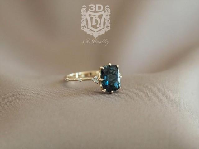wedding photo - Elongated cushion London Blue Topaz engagement ring with diamonds made in your choice of solid 14k yellow, white, or rose gold