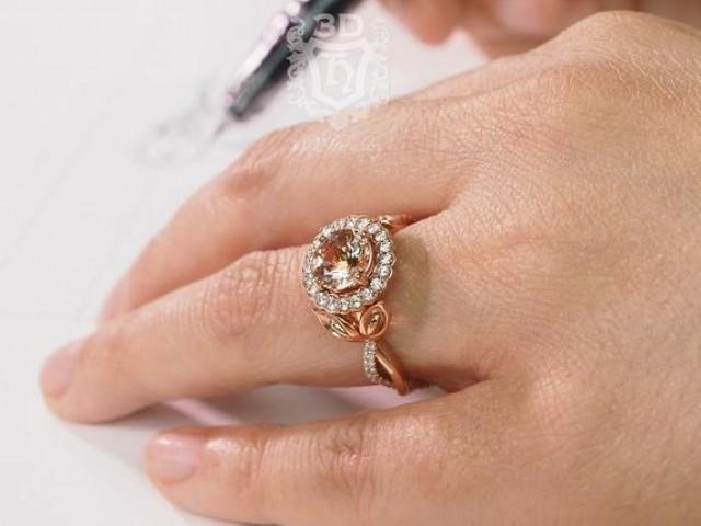 wedding photo - Morganite engagement ring, Floral engagement ring with natural diamonds made in 14k rose gold