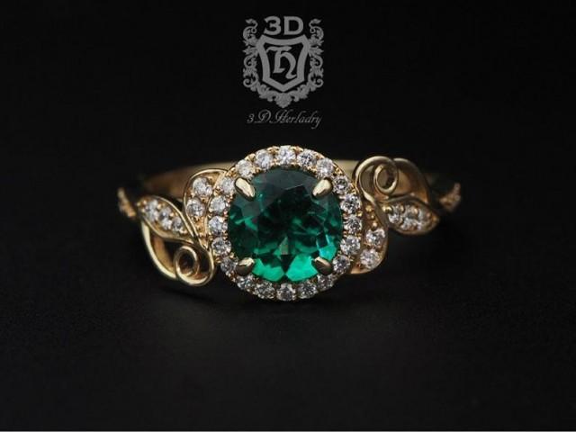 wedding photo - Emerald Engagement ring, Floral leaf engagement ring with natural diamonds made in your choice of 14k white,yellow, rose gold