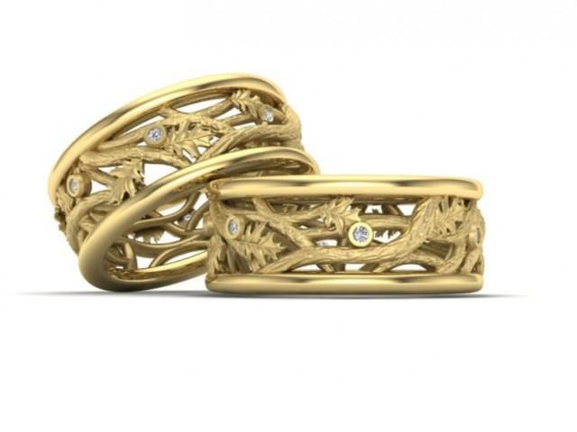 wedding photo - Wedding ring wedding band made with 10k solid gold and diamonds branch leaf design nature inspired