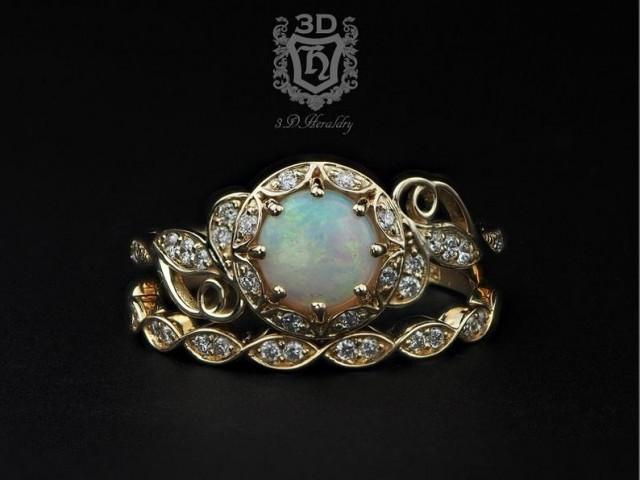 wedding photo - Opal ring set, Floral engagement ring set natural diamonds made with your choice of 14k rose gold, white gold, yellow gold