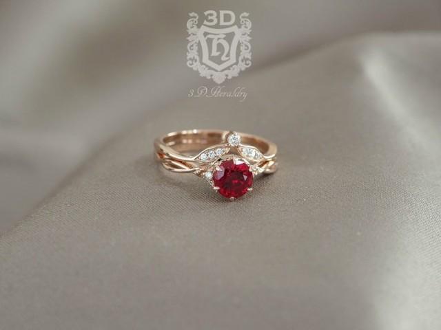 wedding photo - Ruby ring set , Ruby engagement ring set , Floral ruby and diamond ring set made in your choice of solid 14k yellow, white, or rose gold