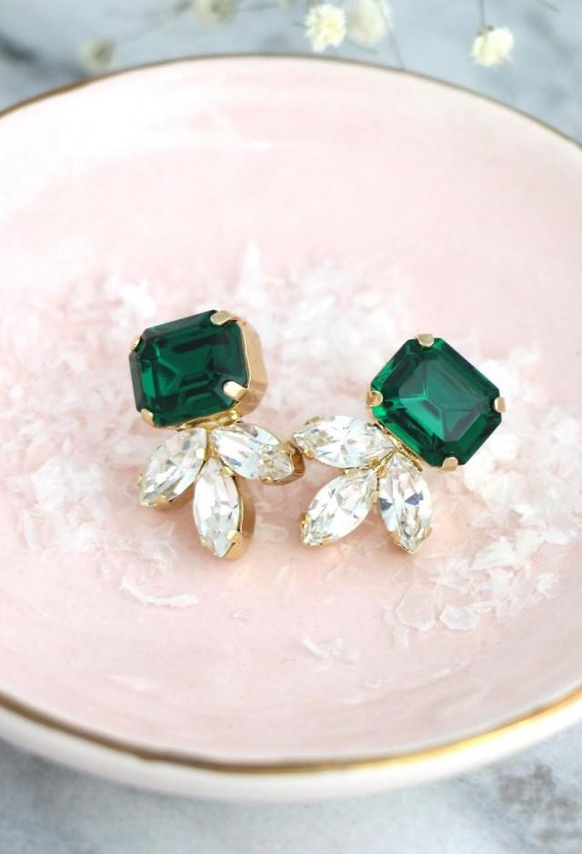 wedding photo - Emerald Earrings, Bridal Emerald Earrings, Dark Green Bridal Stud Earrings, Bridesmaids Emerald Earrings, Green Bridal Swarovski Earrings