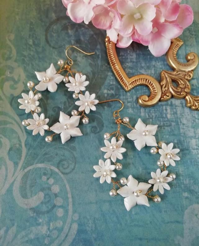 wedding photo - Floral bridal hoop earrings with pearls, PFP-002