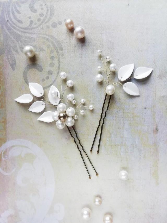 wedding photo - Pearl and leaf bridal hair pins, Wedding hair accessories, HNPF-005
