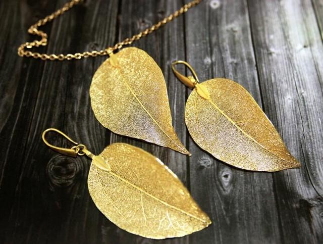 wedding photo - Unique Gifts Real Leaf Necklace Gold Dipped Leaf Necklace Jewelry Set Real Leaf Jewelry Gold Dipped Leaves Natural Jewelry Woodland Jewelry