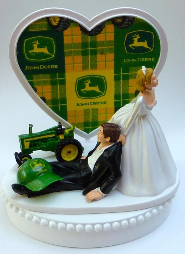 Wedding Cake Topper John Deere Green Tractor Themed w/ Bridal Garter Farmer Farming Humorous Groom Bride Reception Fun Centerpiece w/ Garter