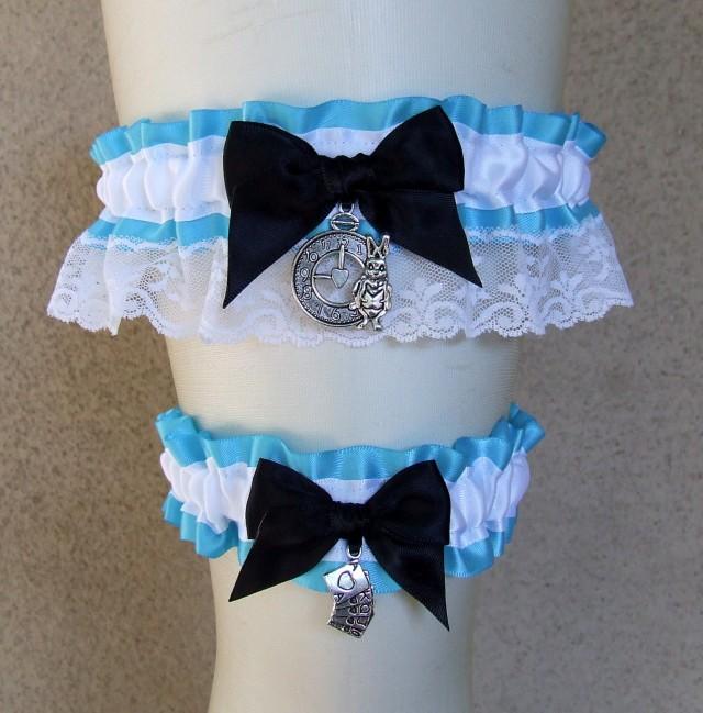 Alice in Wonderland Garter or Set / custom colors and charms Something Blue for your Fairytale Tea Party Wedding or Bridal Shower Gift