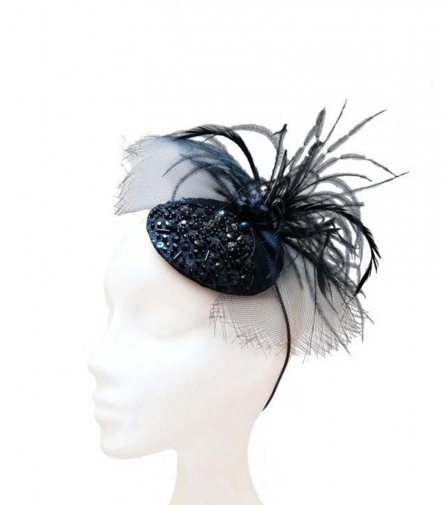 wedding photo - Black fascinator with bow and feathers, TRP-002