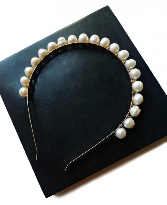 wedding photo - Off white and gold freshwater pearl bridal headband, DNP-001