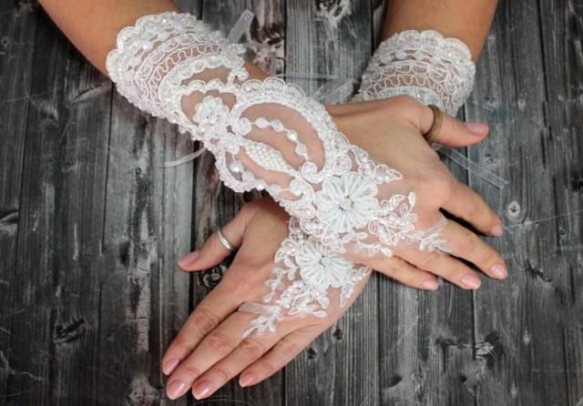 wedding photo - Delicate Bead Embroidery White Lace Wedding Gloves Lace Gauntlet French Lace Fingerless Glove Dainty Elegant Gloves Bridal Gifts
