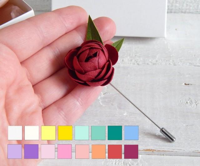 wedding photo - Suit flower lapel pin Small burgundy peony Floral boutonniere Wedding buttonhole pin for men Bridesmaid gift favors Cloth brooch for women