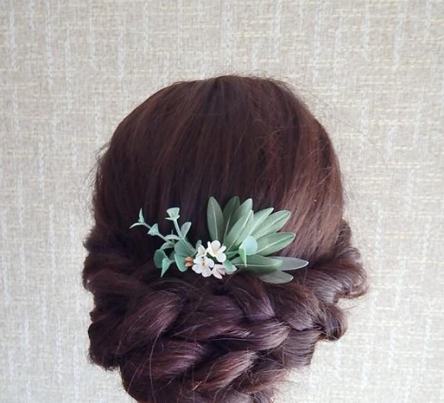 wedding photo - White and green floral hair comb Greenery hair piece Bridal flower hairpiece Eucalyptus wedding headpiece Olive leaves head piece