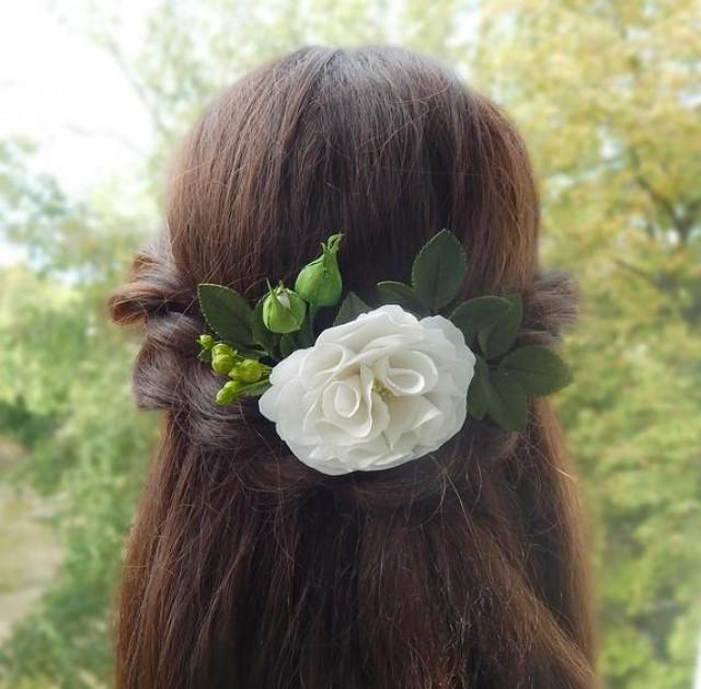 wedding photo - White and green floral hair comb with wild rose Greenery headpiece Bridal flower head piece