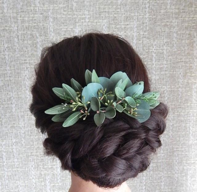 wedding photo - Eucalyptus hair comb Greenery wedding hair piece Green leaves floral headpiece Olive leaves Bridal flower hairpiece