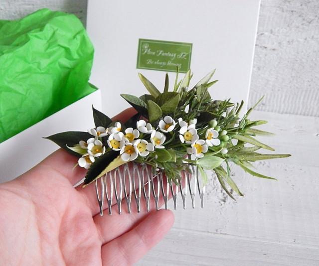 wedding photo - White and green floral hair comb Wax flower hair piece Rustic wedding hairpiece Greenery headpiece White small flowers Rosemary leaves