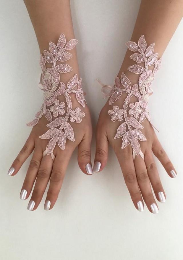 wedding photo - Wedding Gloves, Bridal Gloves, Pink lace gloves, Handmade gloves, Ivory bride glove bridal gloves lace gloves fingerless gloves