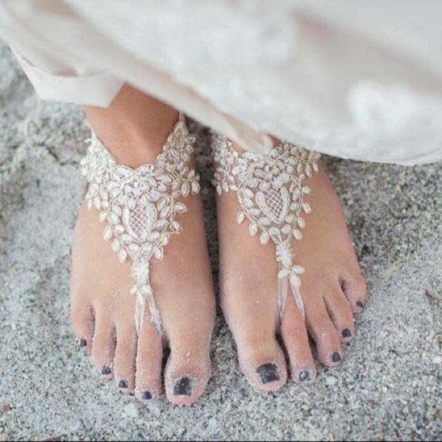 wedding photo - Ivory gold sandal Beach wedding barefoot sandals Lace Shoe Bridal Shoe Sexy Anklet Beach Pool foot jewelry, beach shoes