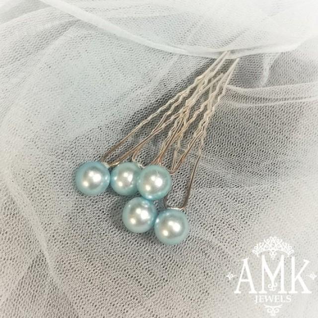wedding photo - Hair pins with pearls, Bridal blue Hair Pins, Set of 5 Hair Pins, Bridal Hair Accessory, Light blue Hair Piece Bridesmaid, pearl hair pins