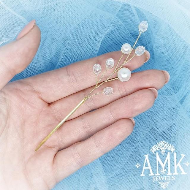wedding photo - Hair pins with beads and crystals, Bridal Golden Hair Pins, one or Set of 3, 5, 7 Hair Pins, Golden Hair Piece for Bridesmaid, wedding pin