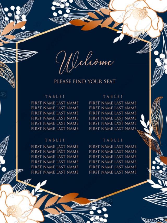 wedding photo - Online Editor - Peony foil gold navy classic blue background seating chart welcome banner wedding Invitation set PDF 18x24 in personalized invitation