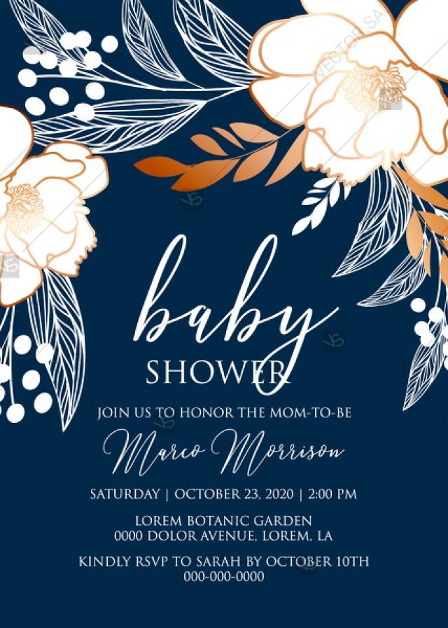 wedding photo - Online Editor - Peony foil gold navy classic blue background baby shower wedding Invitation set PDF 5x7 in invitation maker