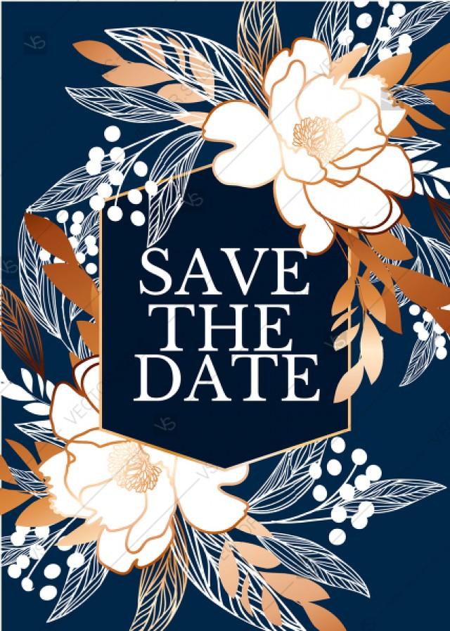 wedding photo - Online Editor - Peony foil gold navy classic blue background wedding Invitation set save the date card PDF 5x7 in online maker