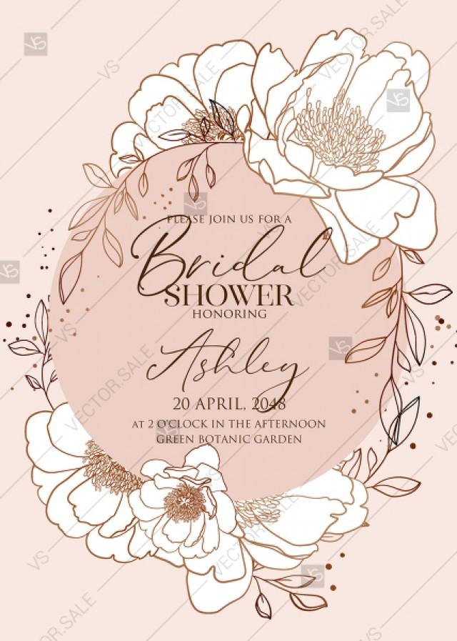 wedding photo - Rose gold pink white peony leaf greenery branches bridal shower wedding invitation set PDF 5x7 in customizable template