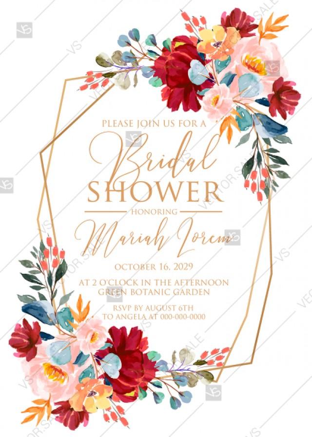 wedding photo - Bridal shower wedding invitation set marsala pink peony rose watercolor greenery gold frame PDF 5x7 in personalized invitation