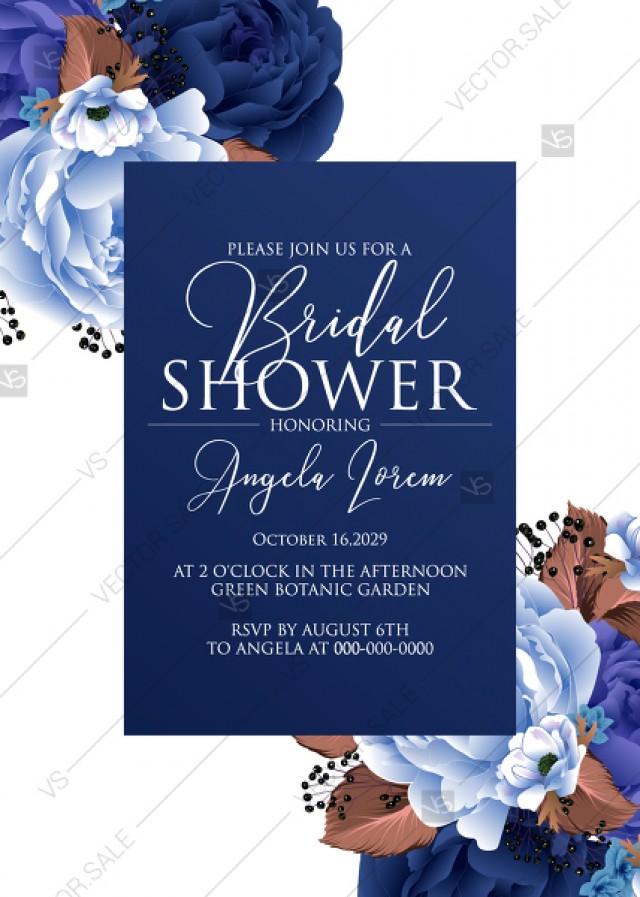 wedding photo - Bridal shower wedding invitation set navy blue peony anemone PDF 5x7 in customizable template