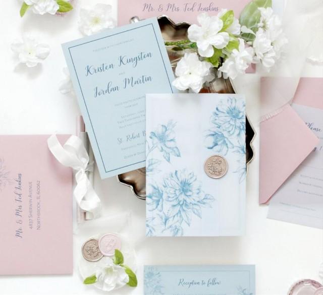 wedding photo - Dusty blue Wedding Invitation, Navy and Blush Floral Wedding Invitation, Blue and Blush Pink, Dusty blue vellum jacket