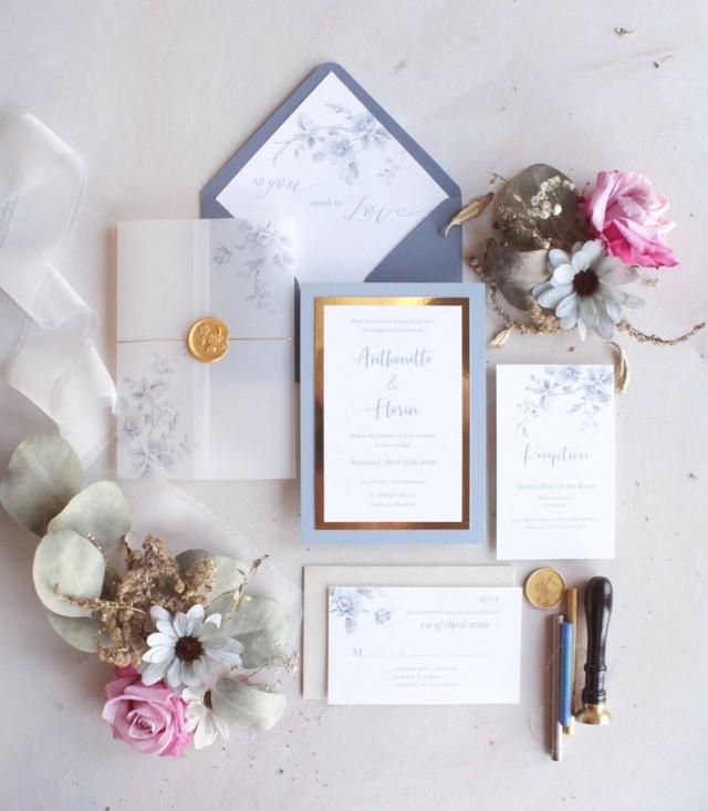 wedding photo - Dusty Blue Wedding invitation, Spring Romantic Wedding invitation, Floral Wedding invitation suite (Rose Garden design)