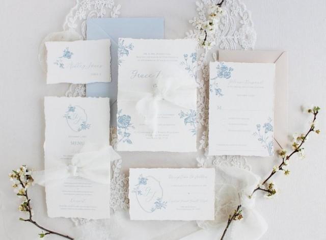 wedding photo - Dusty blue Wedding Invitation, Floral Wedding Invitation, Nude and Dusty Blue Wedding, Custom invitations
