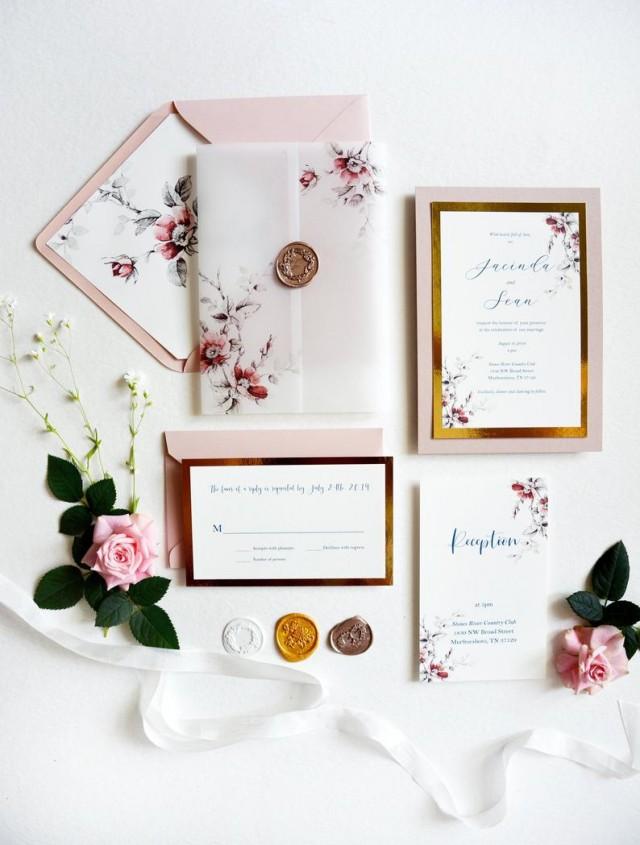 wedding photo - Rose Gold Wedding invitation, Floral Vellum Invitation, Blush Gold Maroon Navy Wedding Invitation, Wax Seal Invitations SAMPLE
