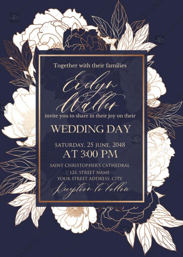 wedding photo - White peony foil gold stamping custom card template wedding invitation set PDF 5x7 in