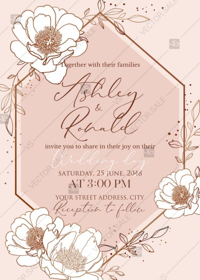wedding photo - Rose gold pink white peony leaf greenery branches wedding invitation set PDF 5x7 in edit template