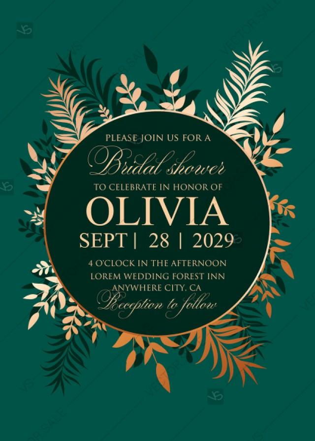 wedding photo - Greenery herbal gold foliage emerald green wedding invitation set card template bridal shower PDF 5x7 in maker